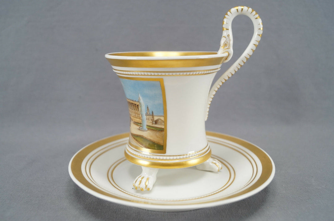 KPM Berlin Hand Painted WWI Altes Museum & Gold Snake Handle Empire Form Cup