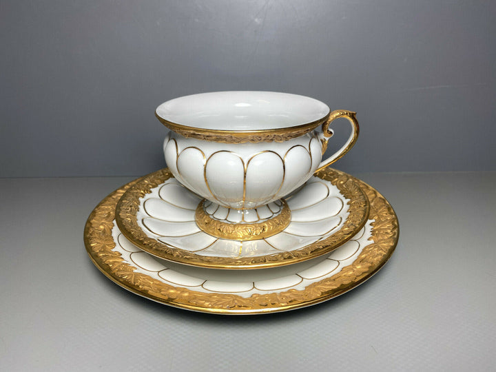 MEISSEN PRUNK KAFFEE GEDECK 3-TLG TASSE UT TELLER X-FORM VIEL GOLD GOLDBRONZE