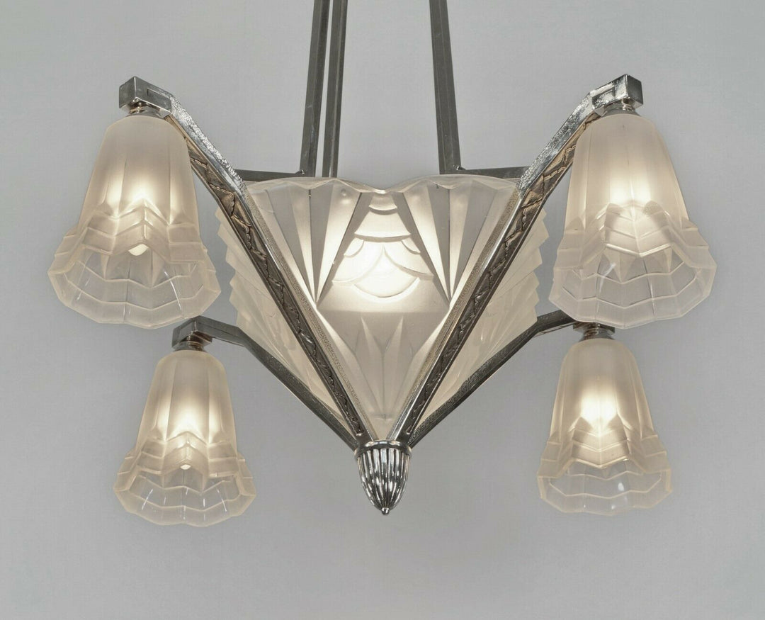 DEGUE: signed FRENCH 1930 ART DECO CHANDELIER ... bronze lustre lamp muller era