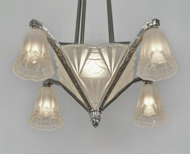 DEGUE: signed FRENCH 1930 ART DECO CHANDELIER ... bronze lustre lamp muller era
