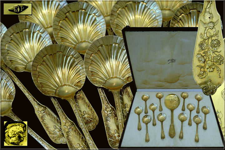 Puiforcat Masterpiece French Sterling Silver 18k Gold Ice Cream Set w/box Putti