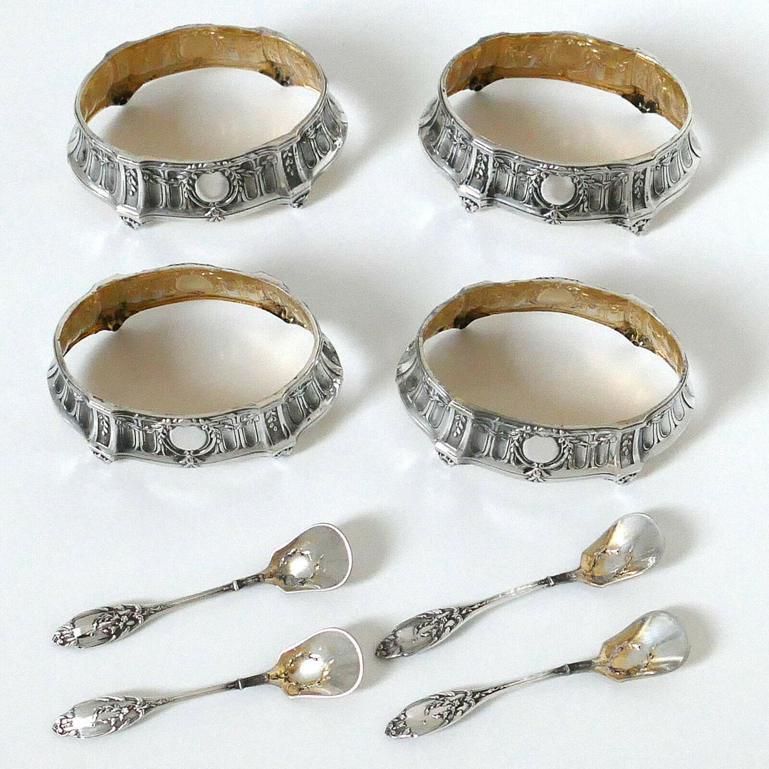 Lefebre French Sterling Silver 18k Gold 4 Salt Cellars, Spoons, Original Box