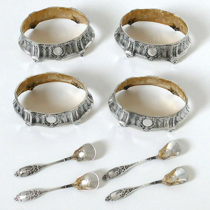 Lefebre French Sterling Silver 18k Gold 4 Salt Cellars, Spoons, Original Box
