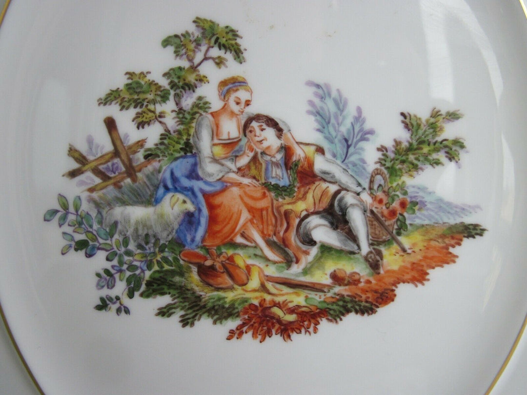 Schöne Meissen Bildplatte mit Watteau-Malerei, Liebes-Szene und Gold