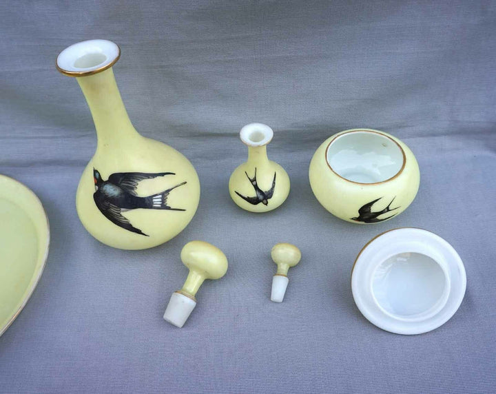 BACCARAT French Art Glass Hand Painted Yellow Opaline Night Set Swallow Complete