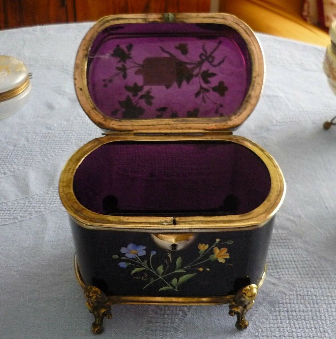 Antique Huge French Glass Casket Trinket Box Hand Enameled 1840 Circa Amethyst