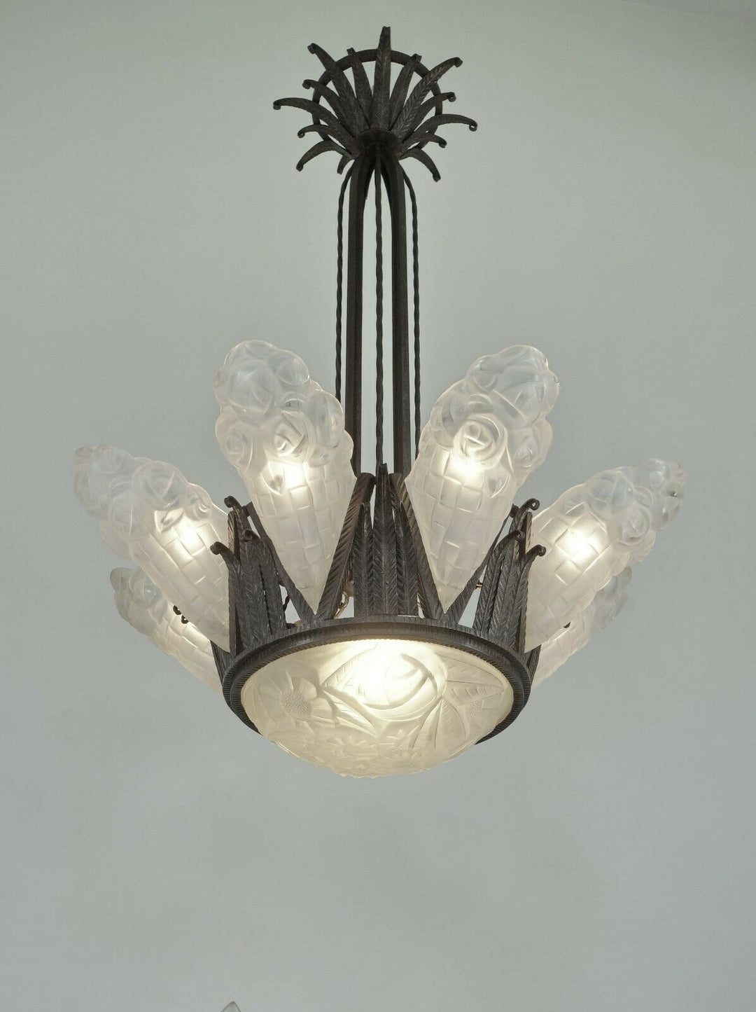 DEGUÉ : VERY LARGE 1930 FRENCH ART DECO CHANDELIER ... wrought iron muller era