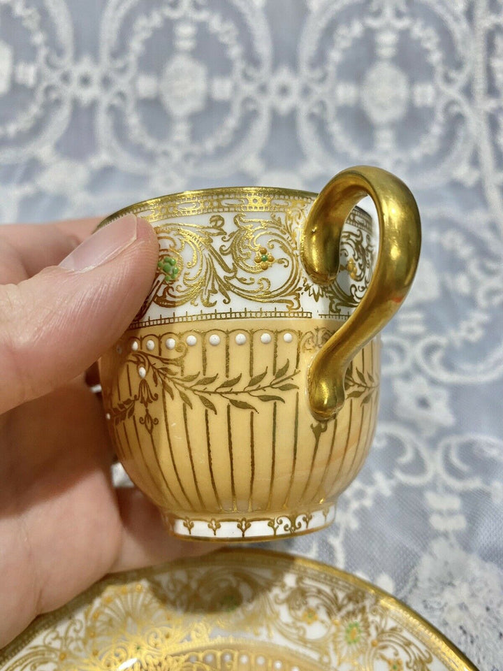 Antique ROYAL WORCESTER Porcelain Cup Saucer Set Enamel JEWELS Gold
