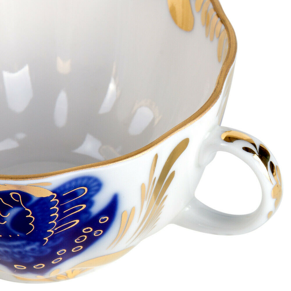 Imperial Porcelain Teacup & Saucer, Golden Garden Blue Bird Pattern, Lomonosov