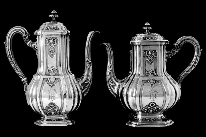 Puiforcat French Sterling Silver 18k Gold Tea, Coffee Set 4 pc, Regency
