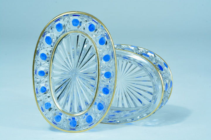 Boite en cristal de Baccarat Diamants Pierreries doublé bleu & filets or rare
