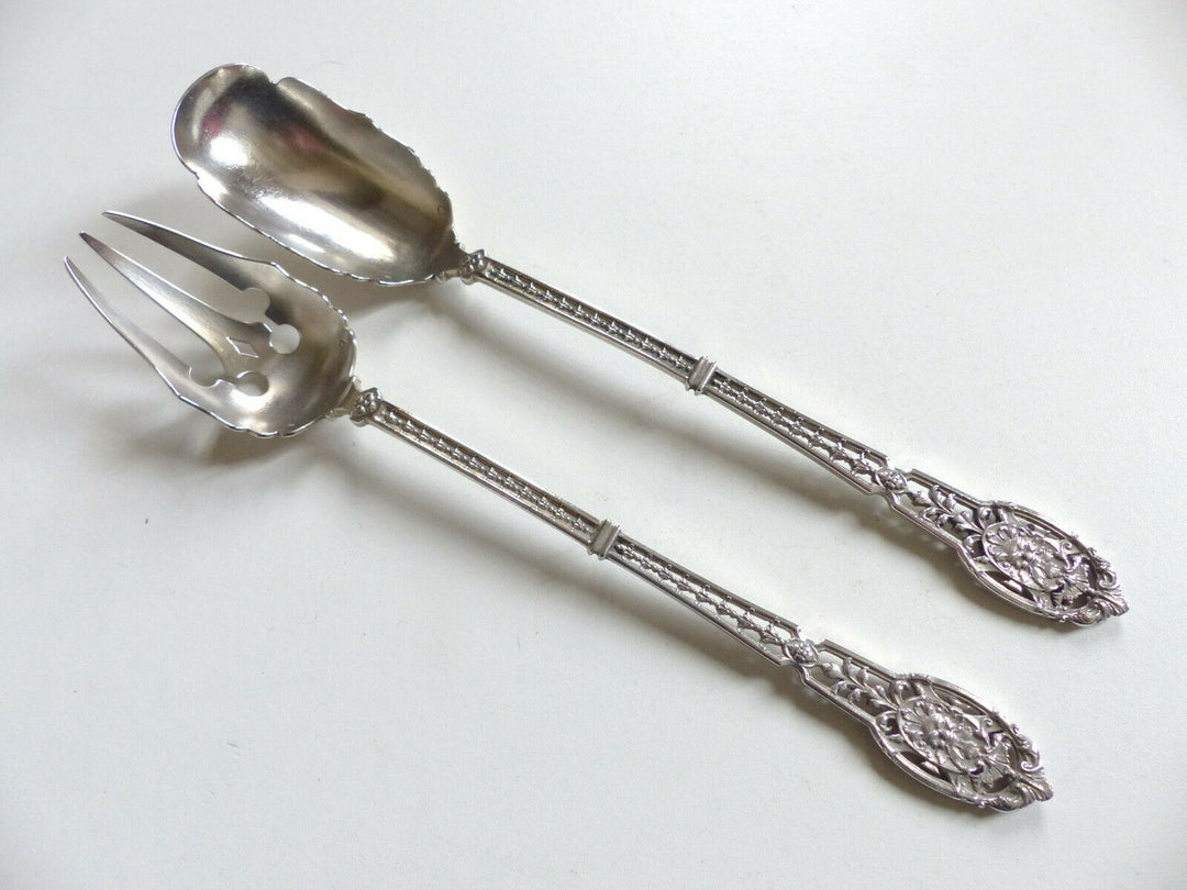 PUIFORCAT " MASCARON " : RARE & SUPERB ANTIQUE STERLING SILVER 950 SALAD SET 10"
