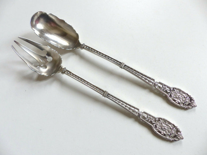 PUIFORCAT " MASCARON " : RARE & SUPERB ANTIQUE STERLING SILVER 950 SALAD SET 10"
