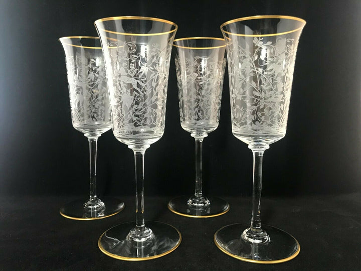Vintage Baccarat Crystal-Jasmina Wine Glass Goblets-Etched w/Gold Trim-Set Of 4