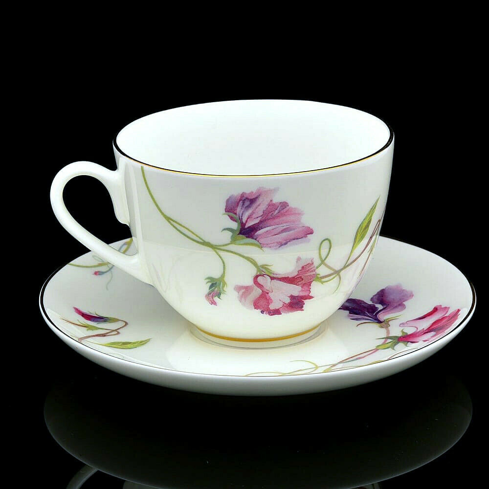 Imperial Porcelain Teacup & Saucer, Blooming Pea Floral Pattern, LOMONOSOV, LFZ