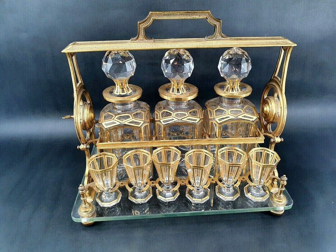 RARE ANTIQUE BACCARAT TANTALUS SIGNED FRENCH GILT BRONZE LIQUOR BOX CAVE LIQUEUR