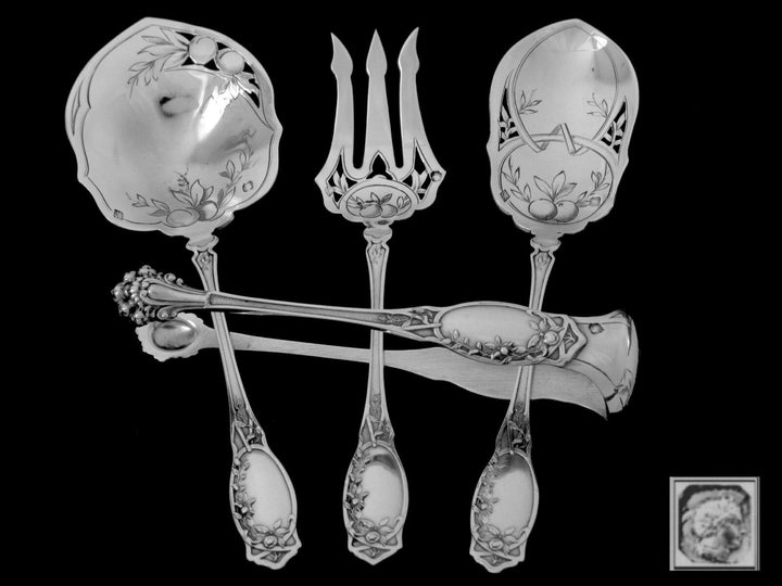 Coignet French All Sterling Silver Dessert Hors D'oeuvre Set 4 Pc, Box, Apples