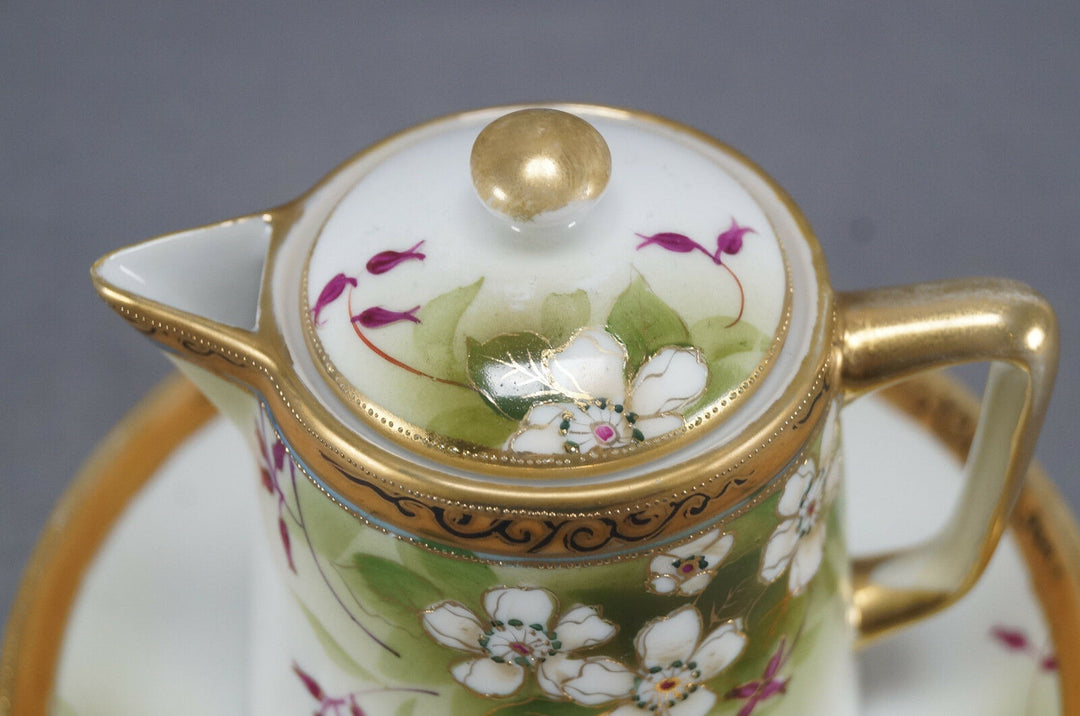 Nippon Morimura Hand Painted White Wild Rose Scrollwork & Beaded Syrup Pitcher