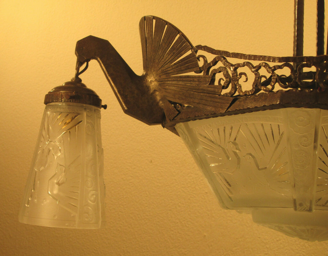 STUNNING FRENCH ART DECO CHANDELIER 1925-PEACOCKS-BY MULLER FRERES LUNEVILLE
