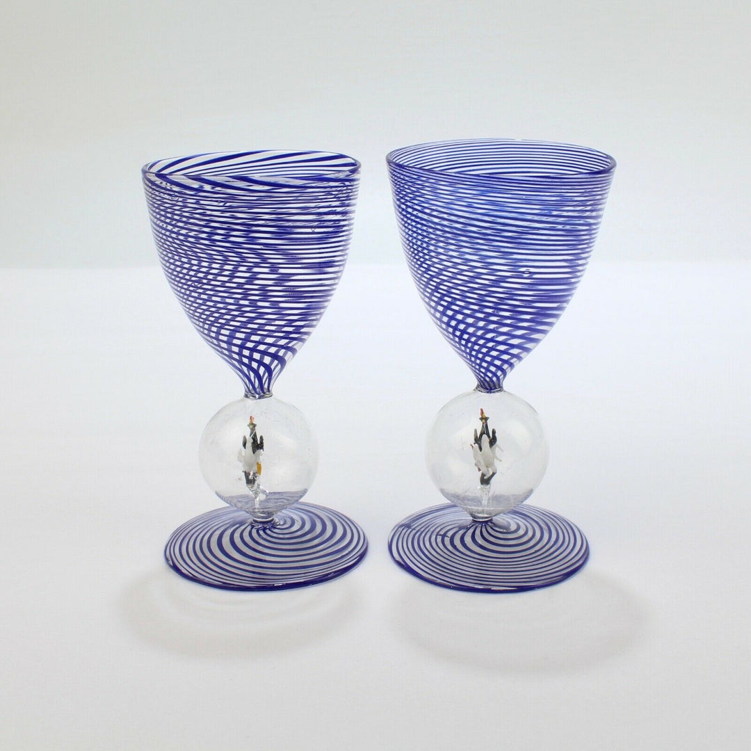 Pair of 2 Bimini Austrian Blue Swirl Wine or Cocktail Glasses - Lampwork Deco GL