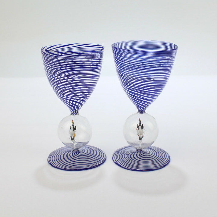 Pair of 2 Bimini Austrian Blue Swirl Wine or Cocktail Glasses - Lampwork Deco GL