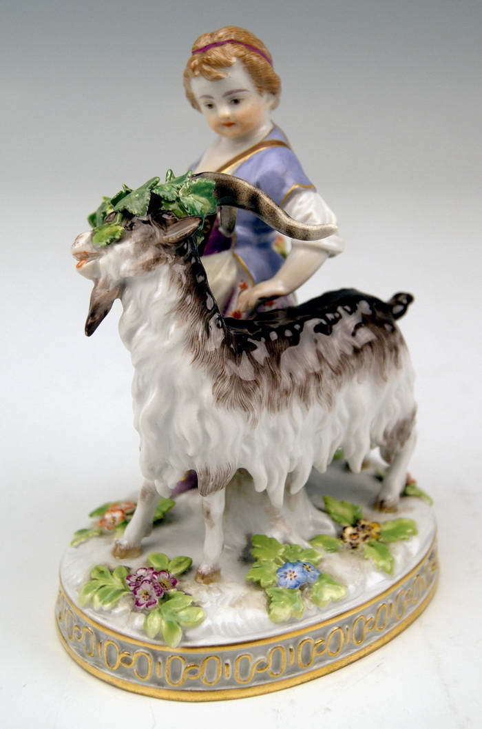 マイセン ロココ服の少女とヤギ 19世紀 ポーセリン人形 H81