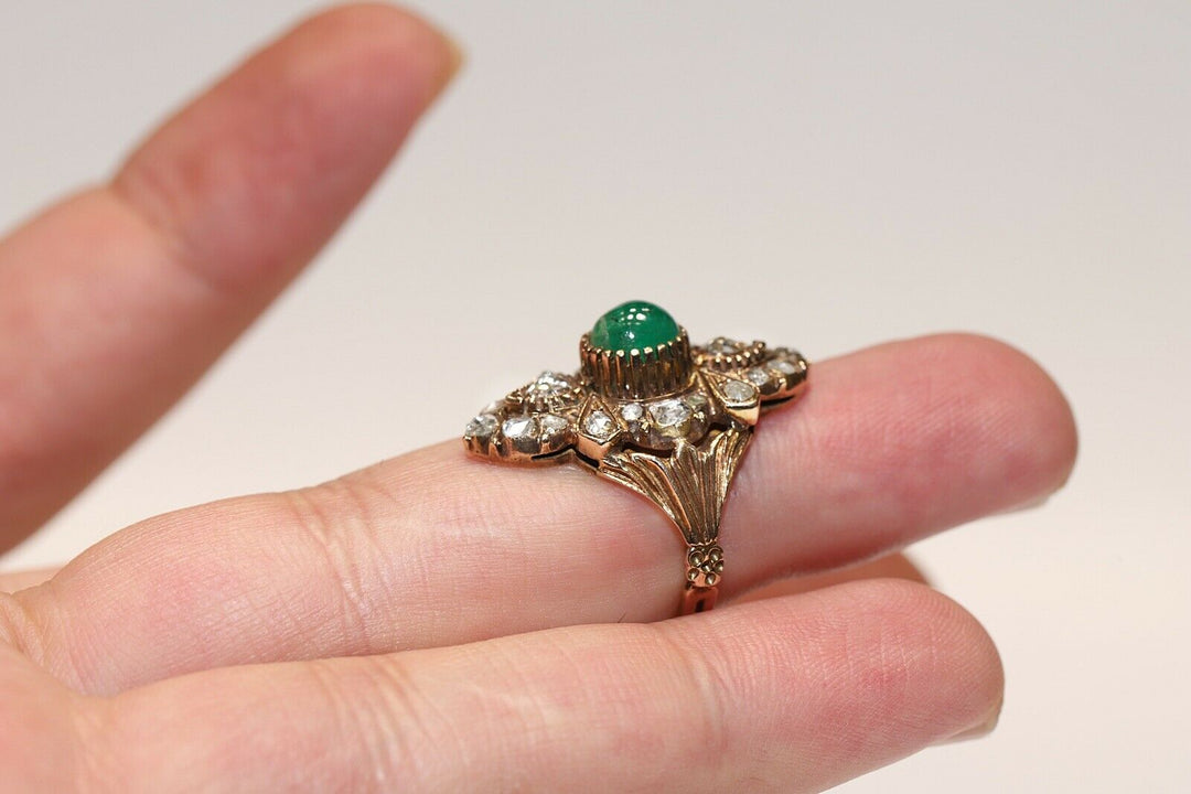 ヴィンテージ 14K ナチュラルローズカットダイヤモンドとエメラルドのリング