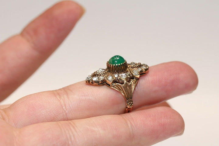 ヴィンテージ 14K ナチュラルローズカットダイヤモンドとエメラルドのリング