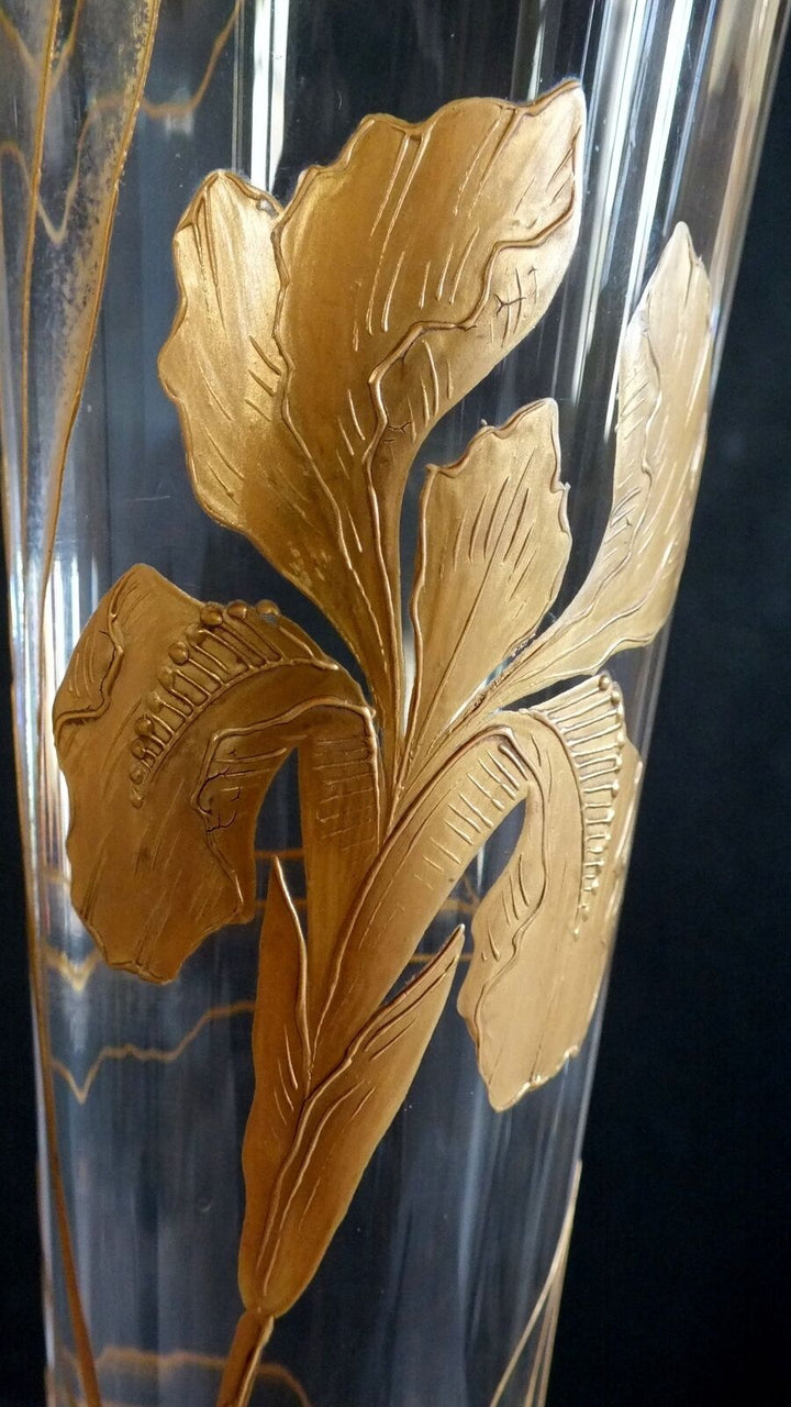 Grand Vase Art Nouveau Cornet Emaille Or Baccarat