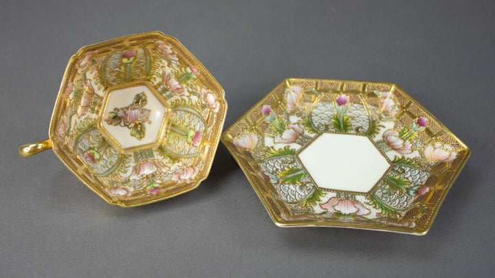 Nippon Hand Painted Embellished Gold Moriage Floral Tea Cups Saucers Rare Set 4