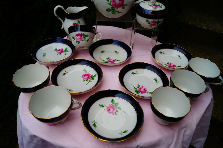 Meissen handpainted blue cobalt red rose tea set for 6 persons