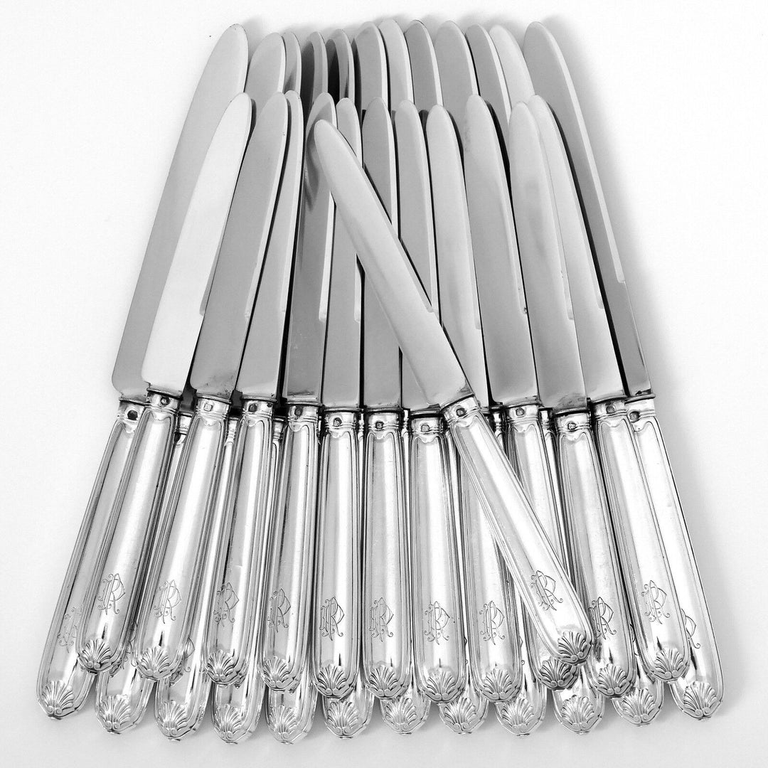 Puiforcat French Sterling Silver Dinner Dessert Knife Set 24 Pc, box, Shell