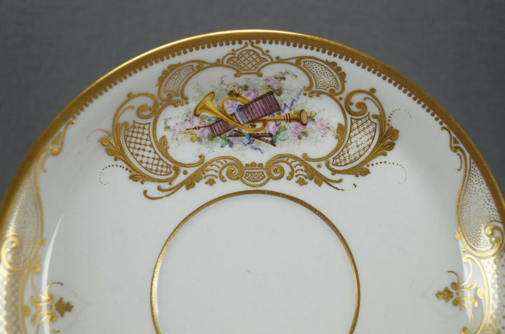 Sevres Hand Painted Courting Couple & Raised Gold Oversized Cup & Saucer C. 1889