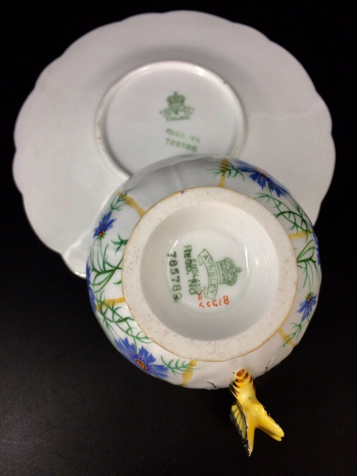 F/S English Royal antiques AYNSLEY butterfly handle flowercup&saucer mint