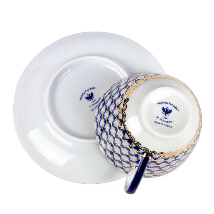 Cobalt Net Porcelain Teacup and Saucer, Imperial Porcelain Russia, 230 ml LFZ