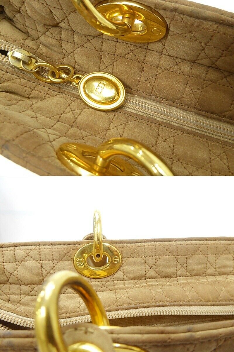 Auth Christian Dior Lady Cannage Hand Bag Nylon Leather Beige Vintage