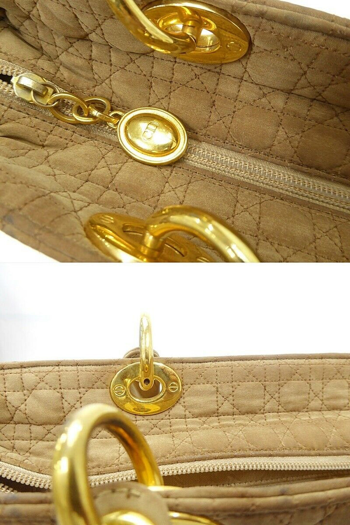 Auth Christian Dior Lady Cannage Hand Bag Nylon Leather Beige Vintage
