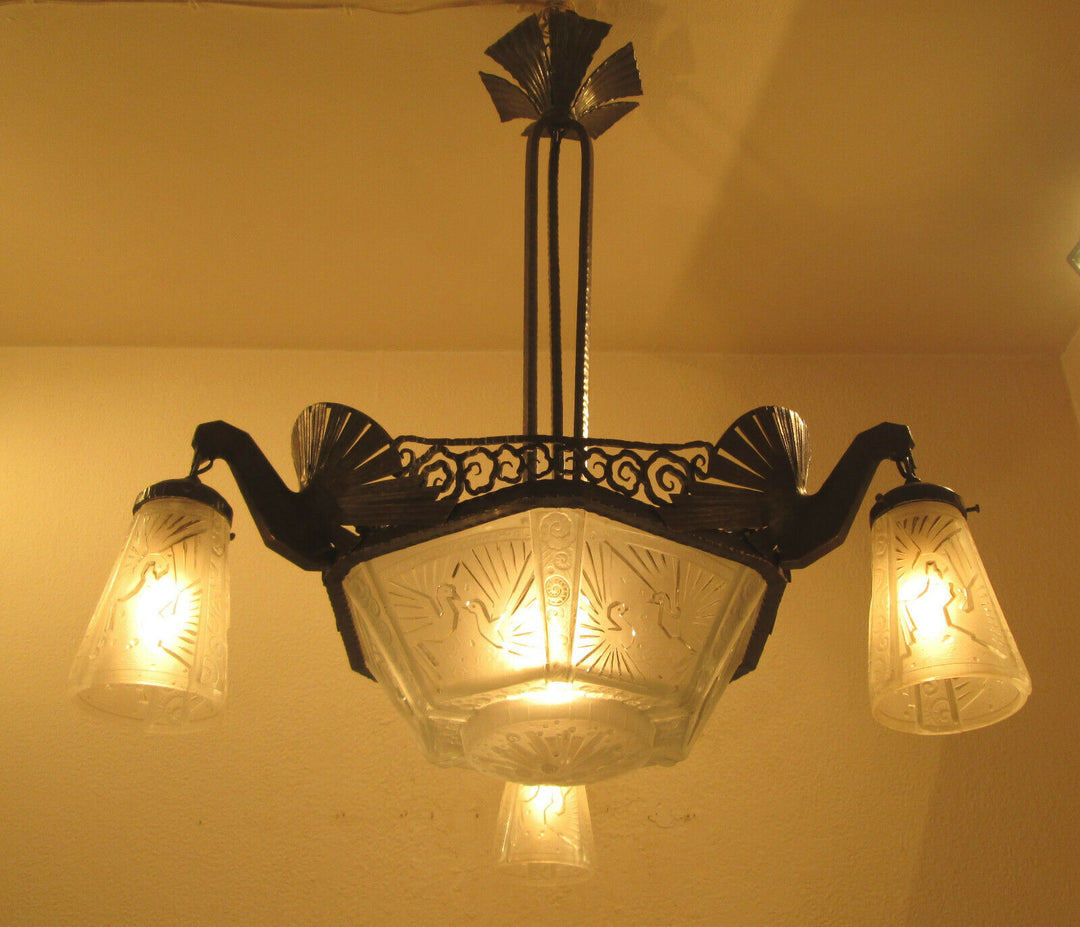 STUNNING FRENCH ART DECO CHANDELIER 1925-PEACOCKS-BY MULLER FRERES LUNEVILLE