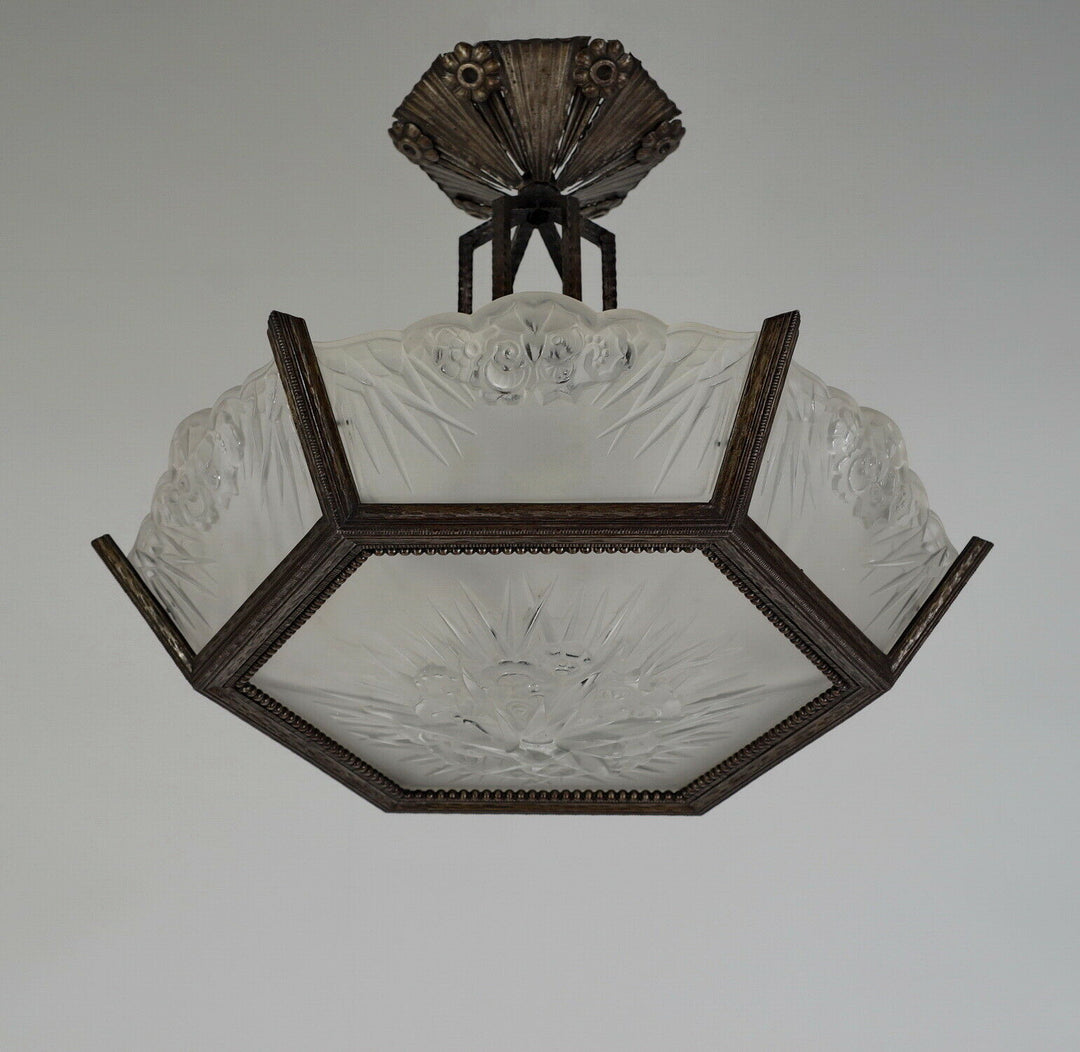 DAUM LORRAIN : FRENCH ART DECO CHANDELIER 1930 wrought iron lustre muller era