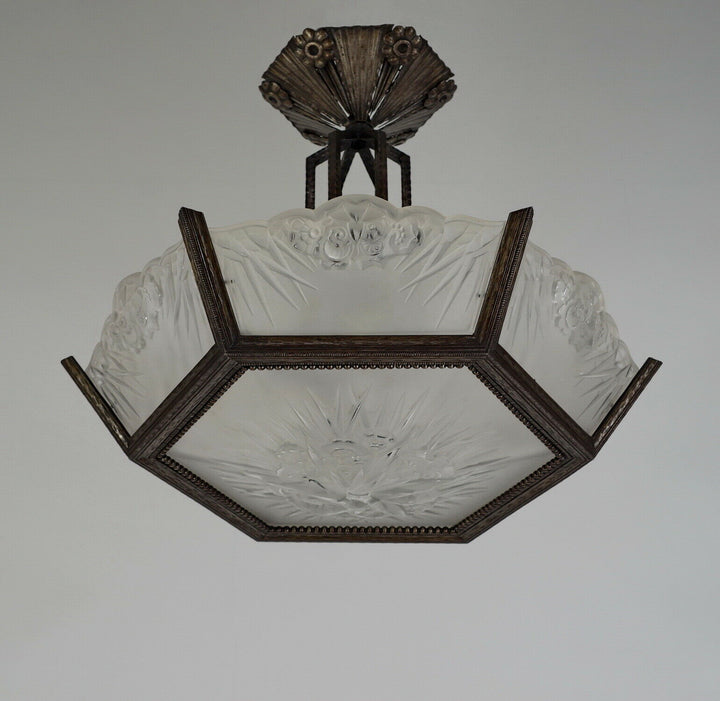 DAUM LORRAIN : FRENCH ART DECO CHANDELIER 1930 wrought iron lustre muller era