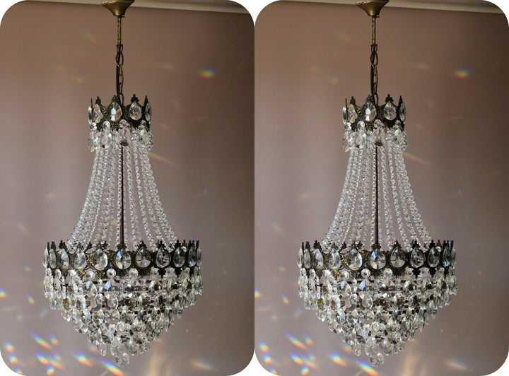 Two Matching Antique Vintage Crystal Chandeliers, Ceiling Lighting, pendants