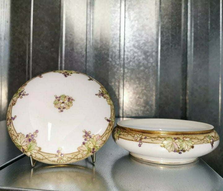 Antique Nippon Hand Painted Humidor Bowl Gilt Gold Grape Morimura Bros Vintage