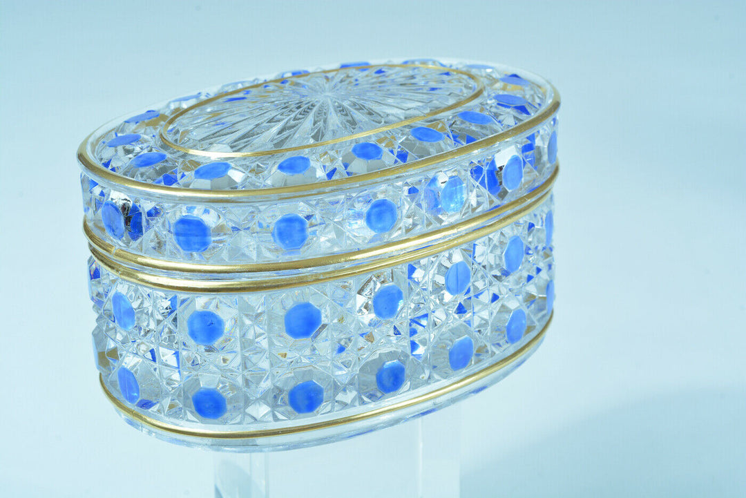 Boite en cristal de Baccarat Diamants Pierreries doublé bleu & filets or rare