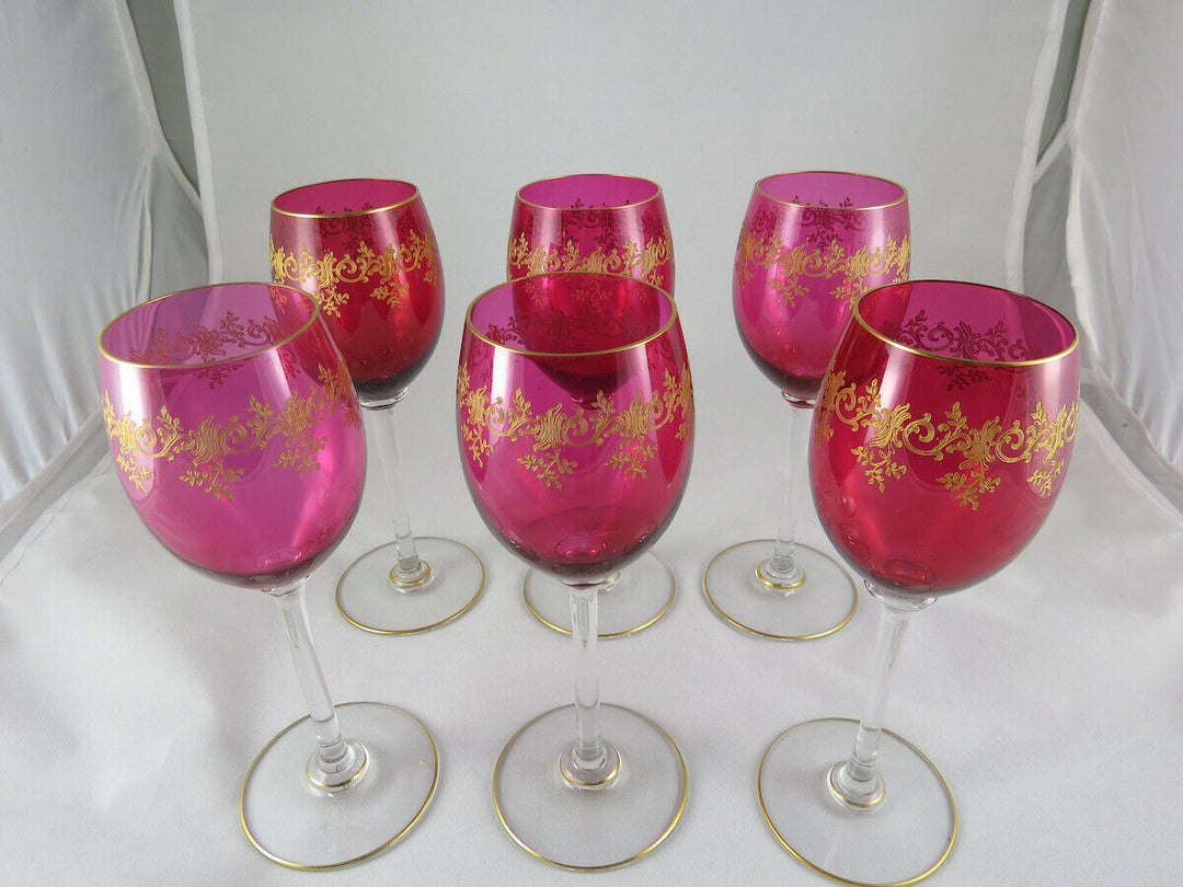 FINE FRENCH Baccarat RUBY GLASS SET OF 6 WINE GOBLET w/ GOLD, Recamier PATTERN