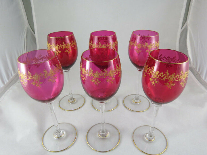 FINE FRENCH Baccarat RUBY GLASS SET OF 6 WINE GOBLET w/ GOLD, Recamier PATTERN