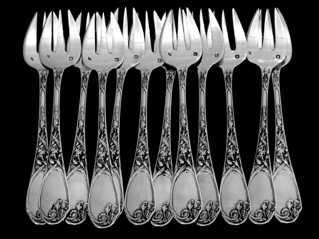 Puiforcat Fabulous French All Sterling Silver Oyster Forks 12 pc Iris Pattern