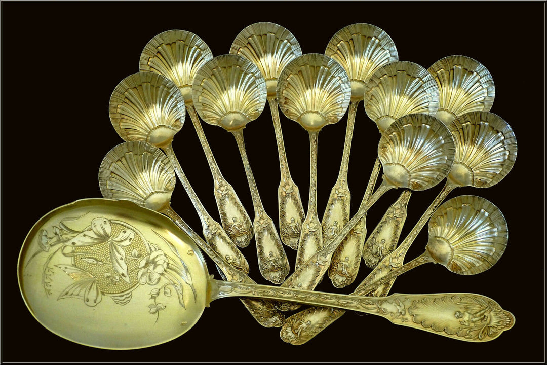 Puiforcat Masterpiece French Sterling Silver 18k Gold Ice Cream Set w/box Putti