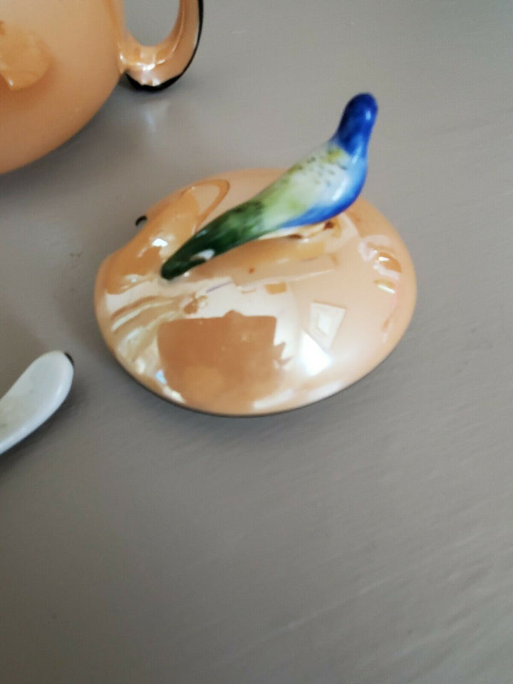 *RARE* Noritake Peach Lustre Bird Finial Sugar Bowl & Original Porcelain Spoon!