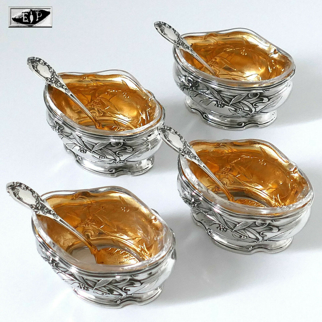 Puiforcat French Sterling Silver 18k Gold Set 8 Salt Cellars, Boxes, Mistletoe