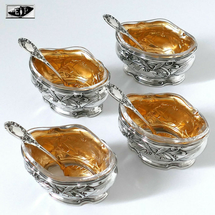 Puiforcat French Sterling Silver 18k Gold Set 8 Salt Cellars, Boxes, Mistletoe